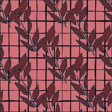 Simple seamless doodle pattern with contoured floral red leaves on pink backg Stock Illustration