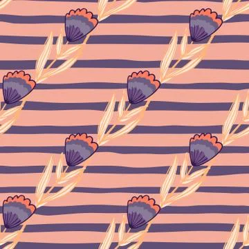 Simple seamless doodle pattern with flower vintage shapes. Purple botanic fig Stock Illustration