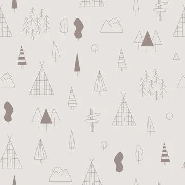 Simple seamless forest pattern with line homes, trees for wrap, web design, eco Stock Illustration
