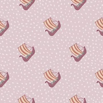 Simple seamless marine pattern with snailing ships elements. Pink background  Stock Illustration
