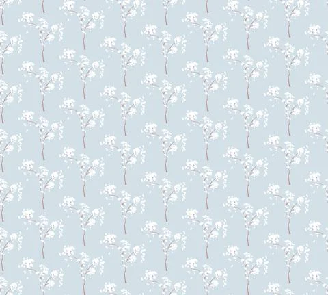Simple seamless nature pattern with branch and flowers. Pastel blue colours Stock Illustration