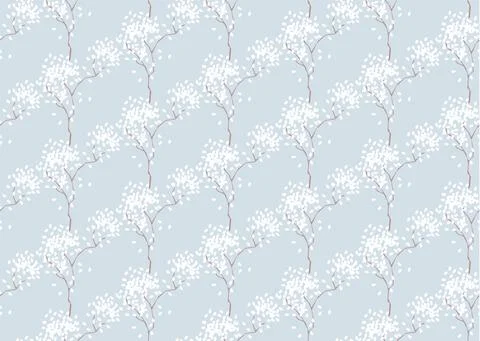 Simple seamless nature pattern with branch and flowers. Pastel blue colours Illustrazione stock