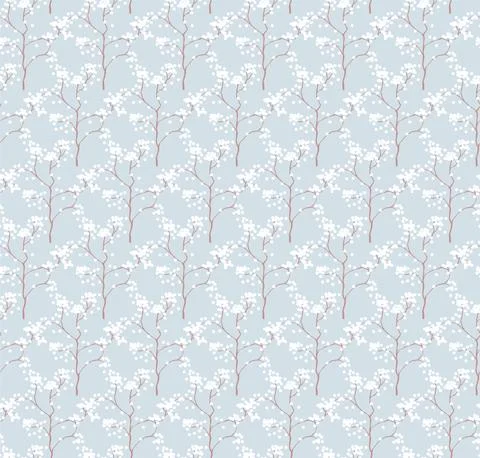 Simple seamless nature pattern with branch and flowers. Pastel blue colours Stock Illustration