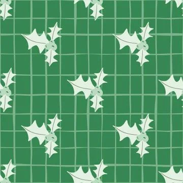 Simple seamless new year pattern with mistletoe holly branches. Green chequer Stockillustratie