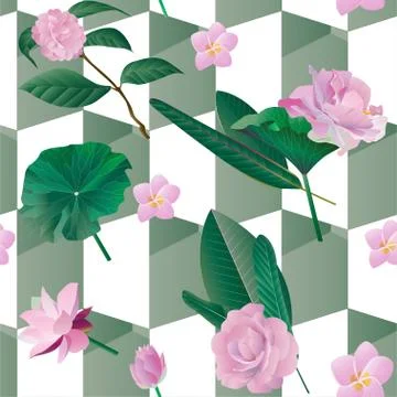 Simple seamless pattern with army green and white geometric shapes. Pink trop Illustrazione stock