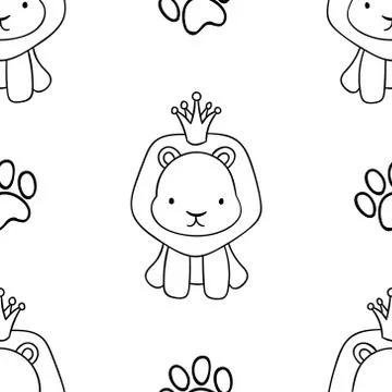 Simple seamless pattern, black and white cute kawaii hand drawn lion doodles, Stock Illustration