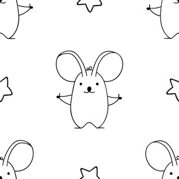 Simple seamless pattern, black and white cute kawaii hand drawn mouse doodles Stock Illustration