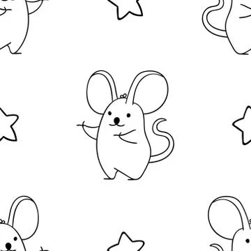 Simple seamless pattern, black and white cute kawaii hand drawn mouse doodles Illustrazione stock