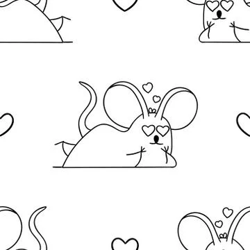 Simple seamless pattern, black and white cute kawaii hand drawn mouse doodles Stock Illustration