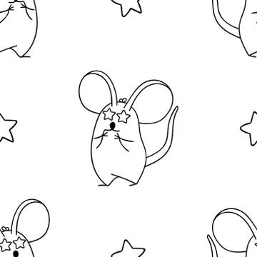 Simple seamless pattern, black and white cute kawaii hand drawn mouse doodles Stock Illustration