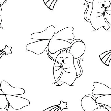 Simple seamless pattern, black and white cute kawaii hand drawn mouse doodles Stock Illustration