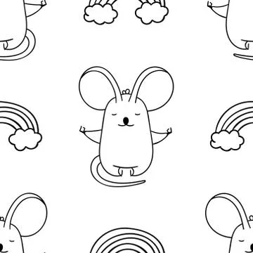 Simple seamless pattern, black and white cute kawaii hand drawn mouse doodles Stock Illustration