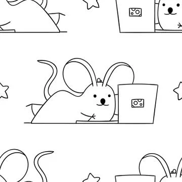 Simple seamless pattern, black and white cute kawaii hand drawn mouse doodles Stock Illustration