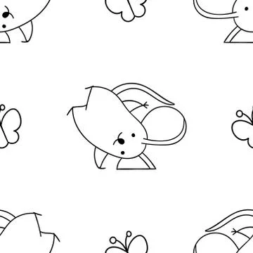 Simple seamless pattern, black and white cute kawaii hand drawn mouse doodles Stock Illustration