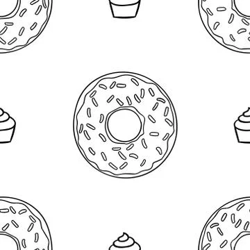 Simple seamless pattern, black and white cute kawaii hand drawn donuts doodle Stock Illustration