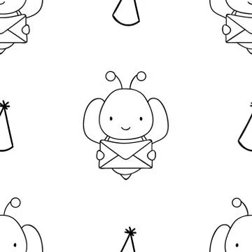 Simple seamless pattern, black and white cute kawaii hand drawn bee doodles,  Stock Illustration
