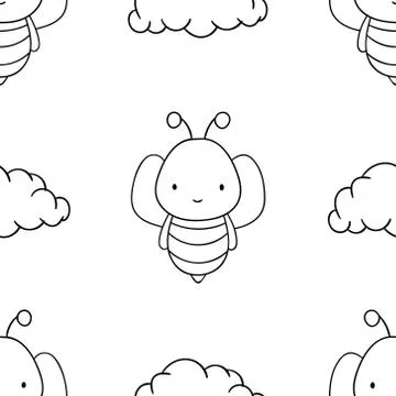 Simple seamless pattern, black and white cute kawaii hand drawn bee doodles,  Stock Illustration