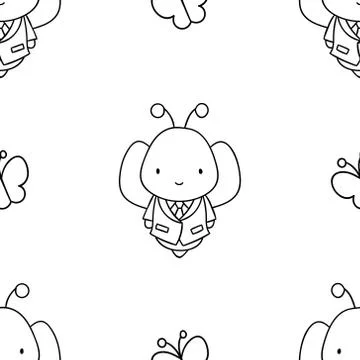 Simple seamless pattern, black and white cute kawaii hand drawn bee doodles,  Stock Illustration