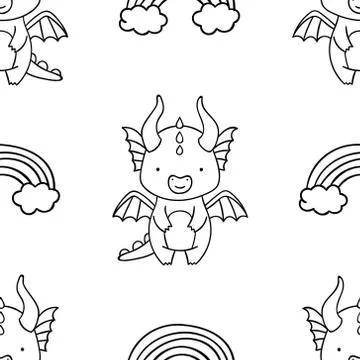 Simple seamless pattern, black and white cute kawaii hand drawn dragon doodle Stock Illustration