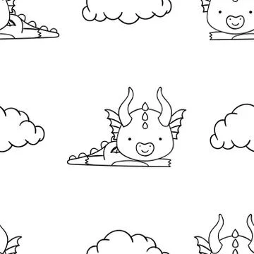 Simple seamless pattern, black and white cute kawaii hand drawn dragon doodle Illustrazione stock