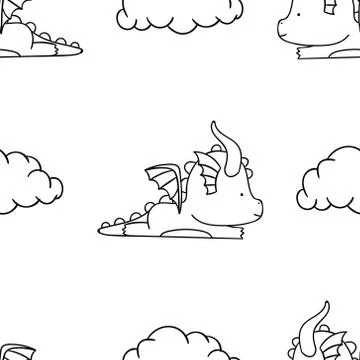 Simple seamless pattern, black and white cute kawaii hand drawn dragon doodle Stock Illustration