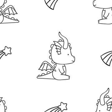 Simple seamless pattern, black and white cute kawaii hand drawn dragon doodle Stock Illustration