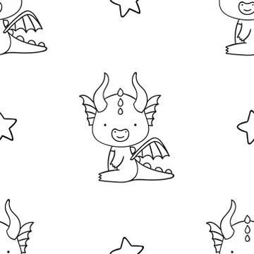 Simple seamless pattern, black and white cute kawaii hand drawn dragon doodle Stock Illustration