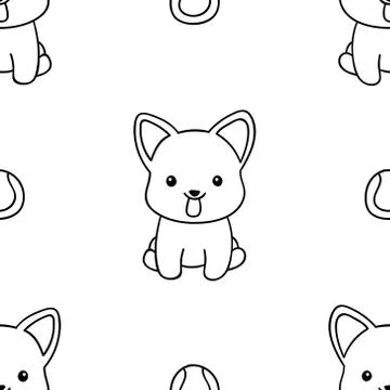 Simple seamless pattern, black and white cute kawaii hand drawn dog doodles,  Stock Illustration