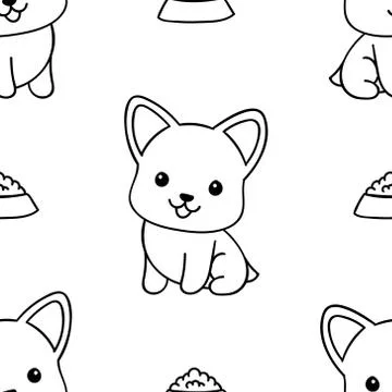 Simple seamless pattern, black and white cute kawaii hand drawn dog doodles,  Stock Illustration