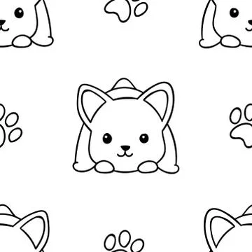 Simple seamless pattern, black and white cute kawaii hand drawn dog doodles,  Stock Illustration