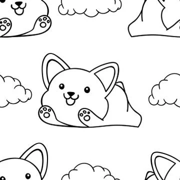 Simple seamless pattern, black and white cute kawaii hand drawn dog doodles,  Stock Illustration