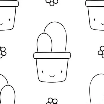 Simple seamless pattern, black and white cute kawaii hand drawn cactus doodle Stock Illustration