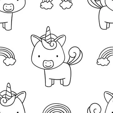 Simple seamless pattern, black and white cute kawaii hand drawn unicorn doodl Stock Illustration
