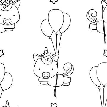 Simple seamless pattern, black and white cute kawaii hand drawn unicorn doodl Stock Illustration