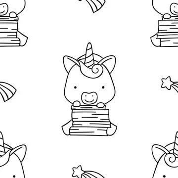 Simple seamless pattern, black and white cute kawaii hand drawn unicorn doodl Stock Illustration