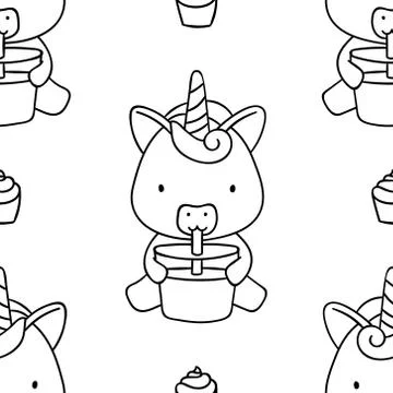 Simple seamless pattern, black and white cute kawaii hand drawn unicorn doodl Stock Illustration