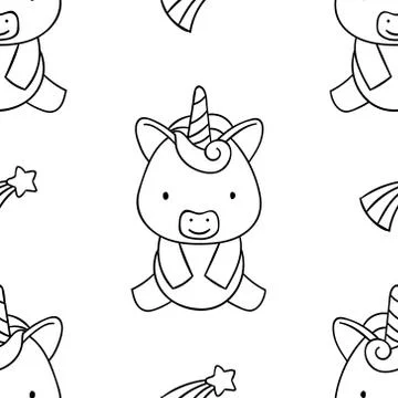 Simple seamless pattern, black and white cute kawaii hand drawn unicorn doodl Stock Illustration