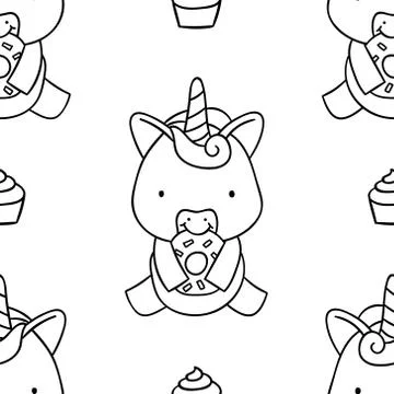 Simple seamless pattern, black and white cute kawaii hand drawn unicorn doodl Stock Illustration