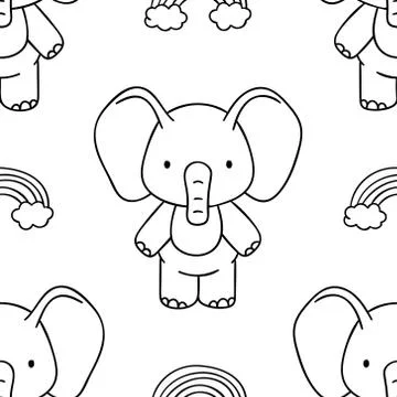 Simple seamless pattern, black and white cute kawaii hand drawn elephant dood Stock Illustration