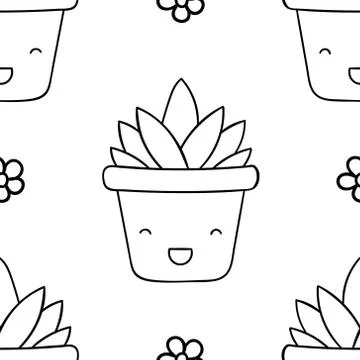 Simple seamless pattern, black and white cute kawaii hand drawn aloe doodles, Illustrazione stock