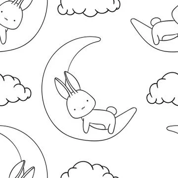 Simple seamless pattern, black and white cute kawaii hand drawn bunny doodles Stock Illustration