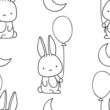 Simple seamless pattern, black and white cute kawaii hand drawn bunny doodles Stock Illustration