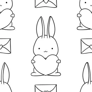 Simple seamless pattern, black and white cute kawaii hand drawn bunny doodles Stock Illustration
