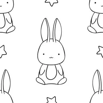 Simple seamless pattern, black and white cute kawaii hand drawn bunny doodles Stock Illustration