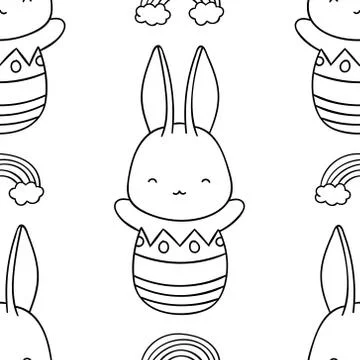 Simple seamless pattern, black and white cute kawaii hand drawn bunny doodles Stock Illustration