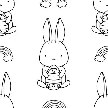 Simple seamless pattern, black and white cute kawaii hand drawn bunny doodles Stock Illustration