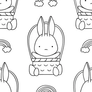 Simple seamless pattern, black and white cute kawaii hand drawn bunny doodles Stock Illustration