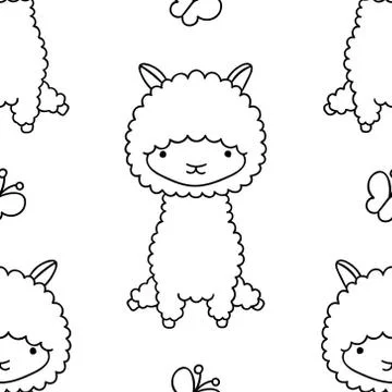 Simple seamless pattern, black and white cute kawaii hand drawn llama doodles Stock Illustration