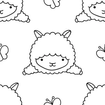 Simple seamless pattern, black and white cute kawaii hand drawn llama doodles Stock Illustration