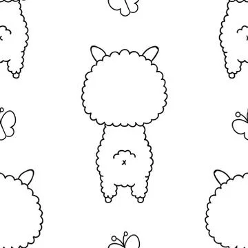 Simple seamless pattern, black and white cute kawaii hand drawn llama doodles Stock Illustration